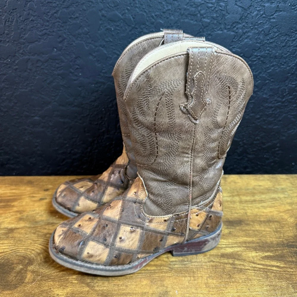 Roper Patchwork Faux Ostrich 09-018-1902-2102 Bronze Synthetic Boots Kids 12
